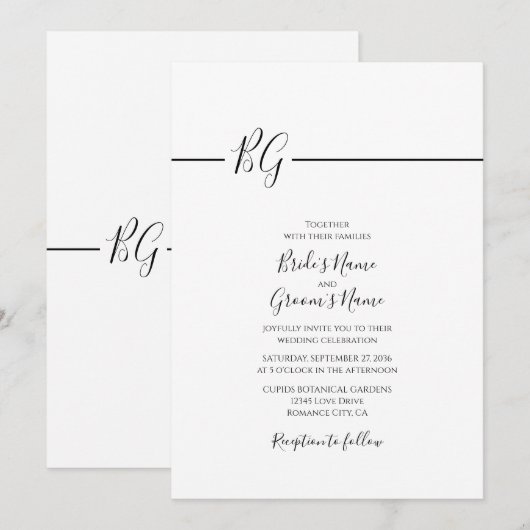 Zwart-witminimalistisch monogram huwelijk kaart (Voorkant / Achterkant)