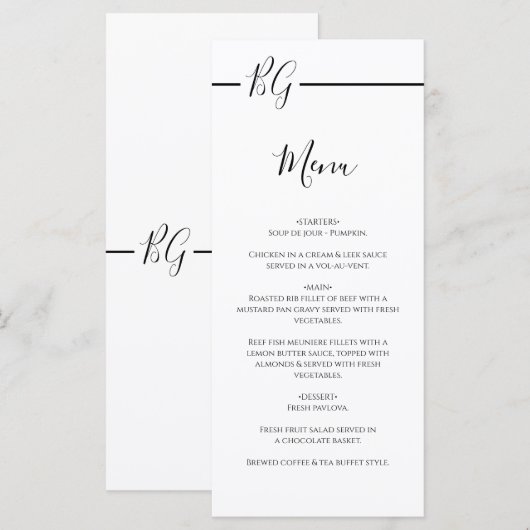 Zwart-witminimalistisch monogram huwelijk menu (Voorkant / Achterkant)
