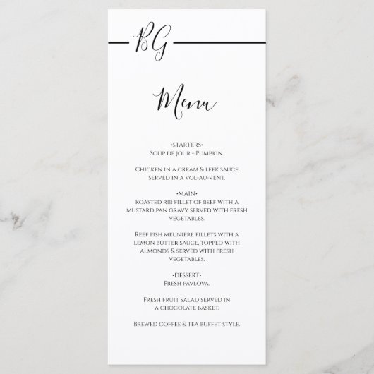 Zwart-witminimalistisch monogram huwelijk menu (Voorkant)