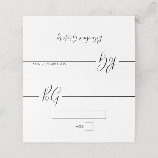 Zwart-witminimalistisch monogram huwelijk plaatskaartje (Buitenkant ongevouwen)
