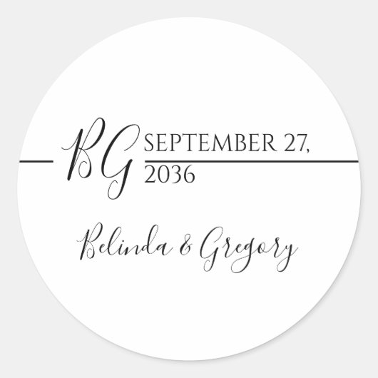 Zwart-witminimalistisch monogram huwelijk ronde sticker (Voorkant)