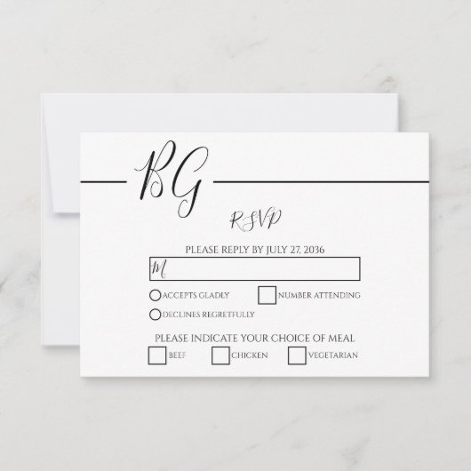 Zwart-witminimalistisch monogram huwelijk RSVP kaartje (Voorkant)