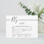 Zwart-witminimalistisch monogram huwelijk RSVP kaartje (Staand voorkant)