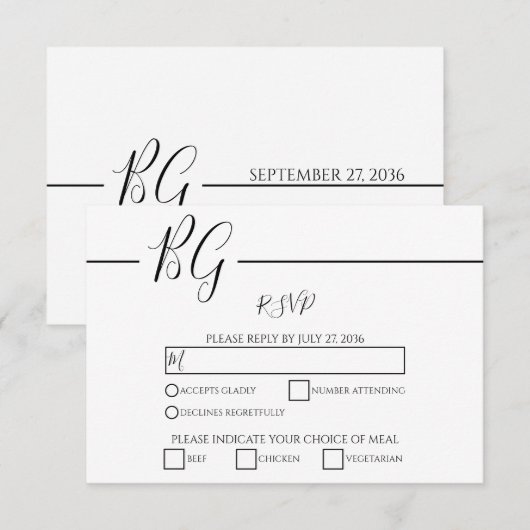 Zwart-witminimalistisch monogram huwelijk RSVP kaartje (Voorkant / Achterkant)