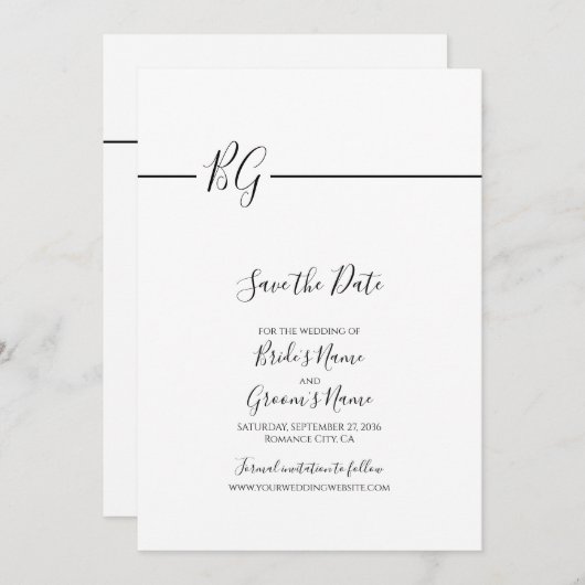 Zwart-witminimalistisch monogram huwelijk save the date (Voorkant / Achterkant)