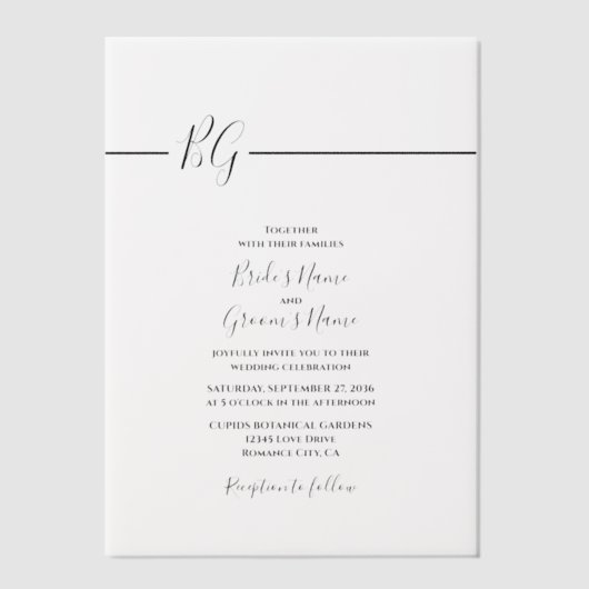 Zwart-witminimalistisch monogram huwelijk vellum uitnodigingen (Voorkant)