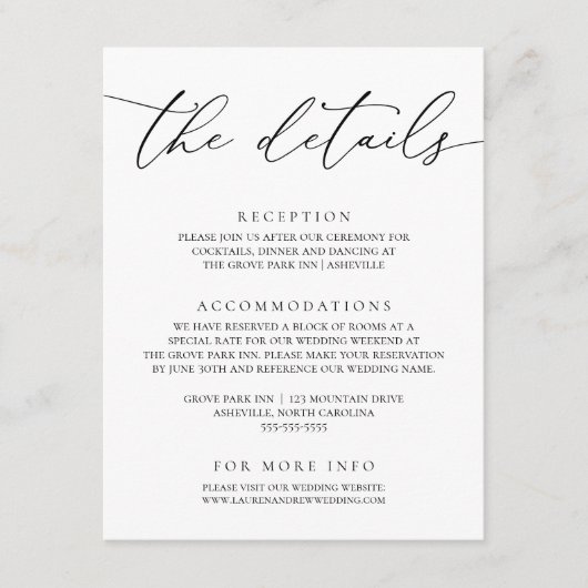 Zwart-witmoderne minimalistische bruiloft informatiekaartje (Voorkant)