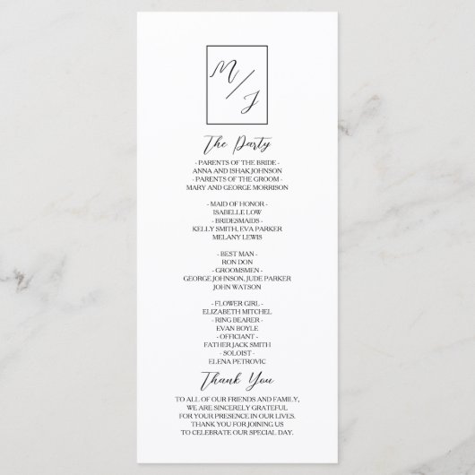 Zwart-witmonogram bruiloft programmakaart (Achterkant)