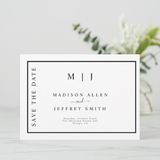 Zwart-witmonogram minimalistisch sparen de datum aankondiging (Staand voorkant)