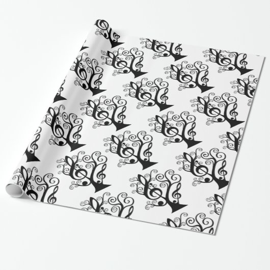 Zwart-witmuziek Treble Clef Tree Paper Cadeaupapier (Uitgerold)