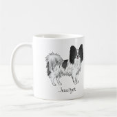 Zwart-witpapier met twitteklare hond met de gewens koffiemok (Links)