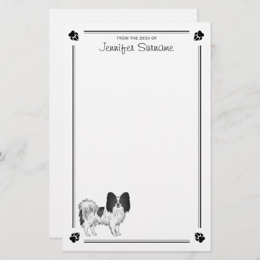 Zwart-witpapillon hond met poten en tekst briefpapier (Voorkant / Achterkant)