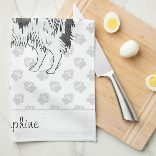 Zwart-witpapillon hond met poten en tekst theedoek (Quarter Fold)