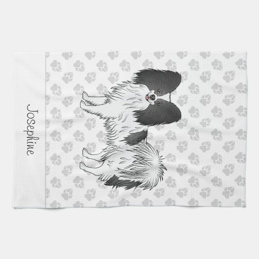 Zwart-witpapillon hond met poten en tekst theedoek (Horizontaal)