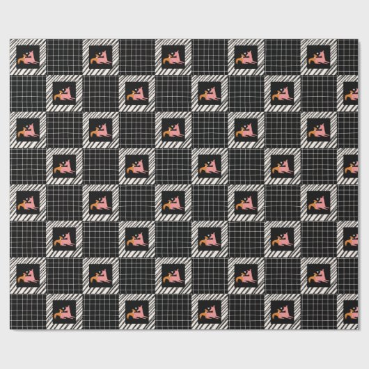 Zwart-witplein met roze en bruine hond cadeaupapier (Vlak)