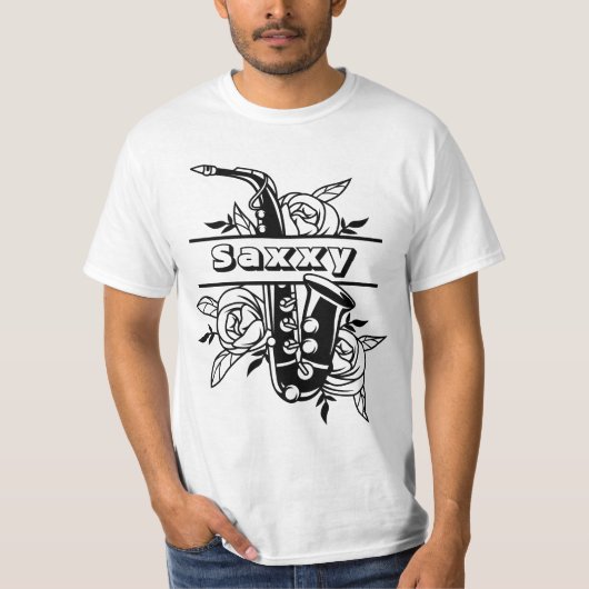 Zwart-witsaxxy Saxophone, muzikant T-shirt (Voorkant)