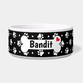 Zwart-witschilderafdrukken en hartspatroon voerbakje