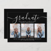 Zwart witscript Afstuderen 3 Foto Uitnodiging Briefkaart (Voorkant / Achterkant)