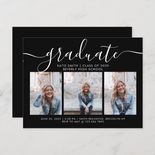 Zwart witscript Afstuderen 3 Foto Uitnodiging Briefkaart (Voorkant / Achterkant)