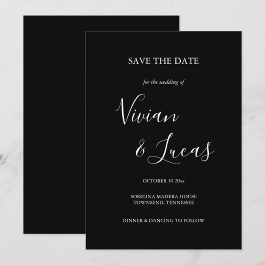 Zwart-witscript bruiloft opslaan Datum Save The Date (Voorkant / Achterkant)