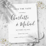 Zwart-witscript bruiloft Opslaan datumkaart Briefkaart<br><div class="desc">Deze elegante zwarte en witte kaart met tekenstijlnamen kan worden gepersonaliseerd met uw speciale trouwdaggegevens in het teken. Ontworpen door: Thisnotme©</div>