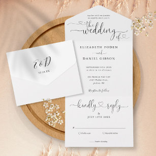 Zwart-witscript gebruikt minimalistische bruiloft all in one uitnodiging