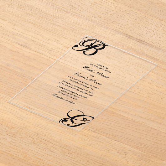 Zwart-witscript monogram bruiloft acryl uitnodigingen (Laagn)