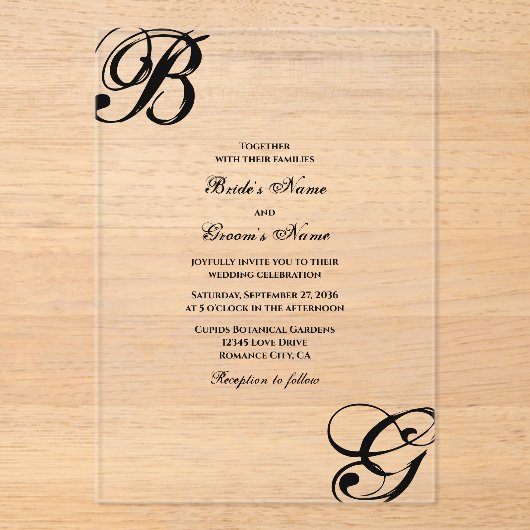Zwart-witscript monogram bruiloft acryl uitnodigingen (Voorkant)