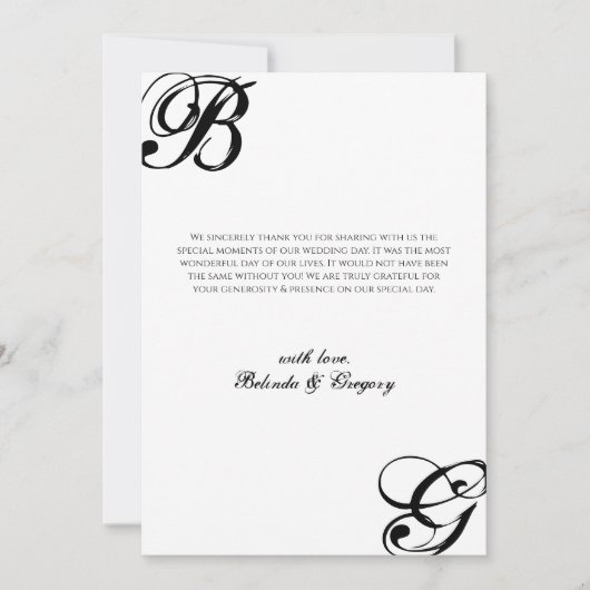 Zwart-witscript monogram bruiloft bedankkaart (Voorkant)
