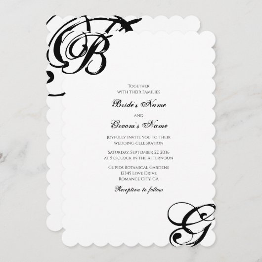 Zwart-witscript monogram bruiloft kaart (Voorkant / Achterkant)