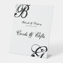 Zwart-witscript monogram bruiloft kaarten cadeaus reclamebord met voetstuk