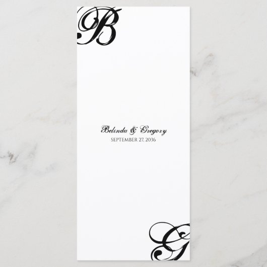 Zwart-witscript monogram bruiloft menu (Achterkant)