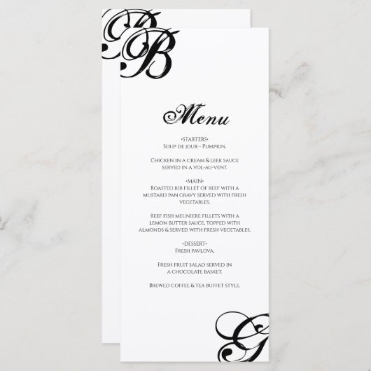 Zwart-witscript monogram bruiloft menu (Voorkant / Achterkant)