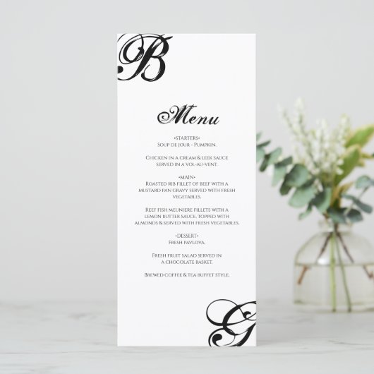 Zwart-witscript monogram bruiloft menu (Staand voorkant)