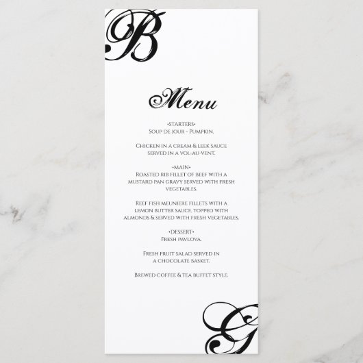 Zwart-witscript monogram bruiloft menu (Voorkant)