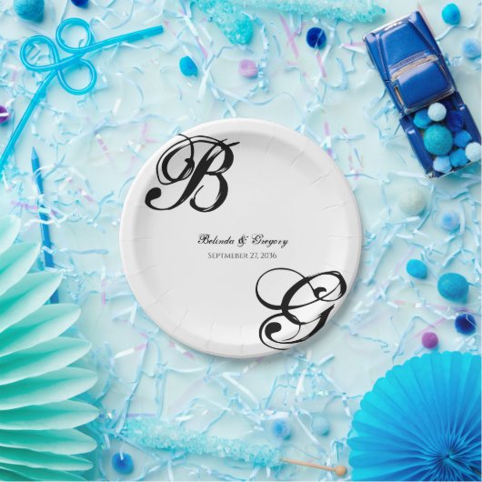 Zwart-witscript monogram bruiloft papieren bordje (Feest)