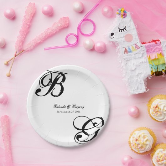 Zwart-witscript monogram bruiloft papieren bordje (Feest)