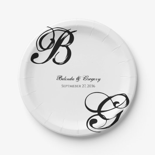 Zwart-witscript monogram bruiloft papieren bordje (Voorkant)