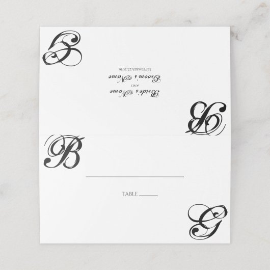 Zwart-witscript monogram bruiloft plaatskaartje (Buitenkant ongevouwen)