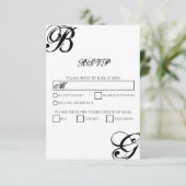 Zwart-witscript monogram bruiloft RSVP kaartje (Staand voorkant)