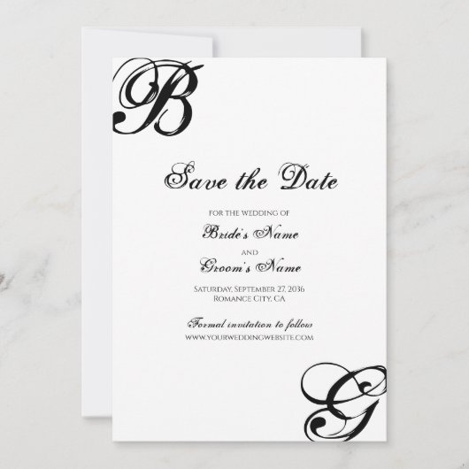 Zwart-witscript monogram bruiloft save the date (Voorkant)