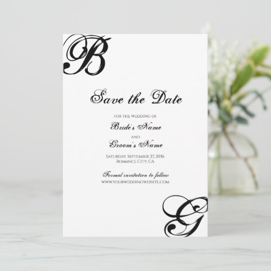 Zwart-witscript monogram bruiloft save the date (Staand voorkant)