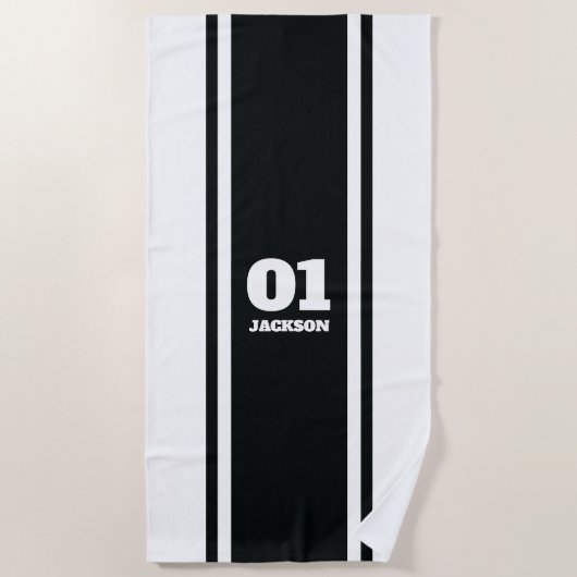 Zwart-witsport Stripe naam en nummer Strandlaken (Voorkant)