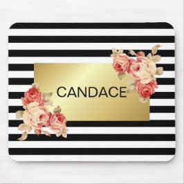 Zwart-witstreep en goud met Rozen Muismat