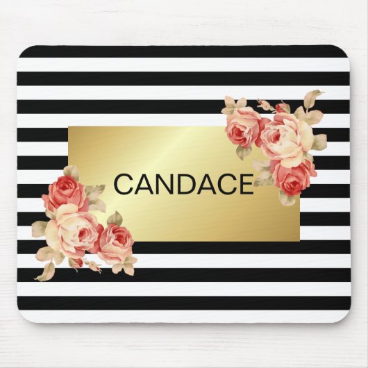 Zwart-witstreep en goud met  Rozen Muismat (Voorkant)