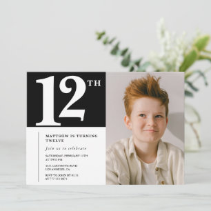 Zwart Witte 12e verjaardagsuitnodiging Chic Foto Kaart
