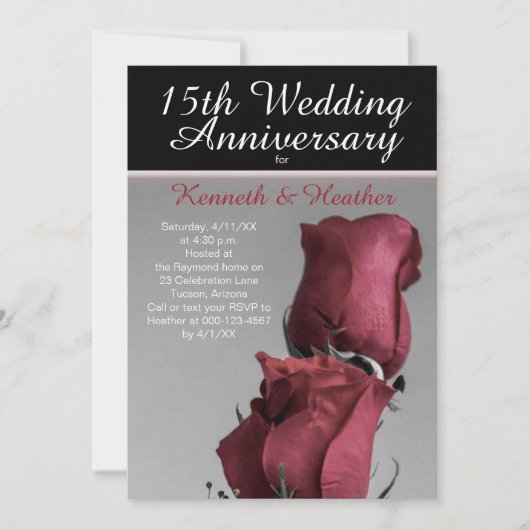 Zwart Witte 15de Huwelijksjubileum Rode Rozen Kaart (Voorkant)