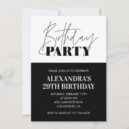 Zwart Witte 29e verjaardagsuitnodigingen Feest Kaart (Voorkant)
