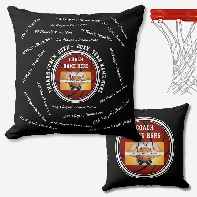 Zwart Witte Aangepaste Cadeaus voor Basketbalcoach Kussen (Thank you gifts for basketball coaches. Black and White, Basketball Pillow, all player's names.)