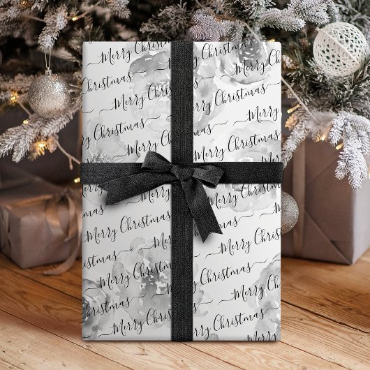 Zwart Witte Aangepaste Prettig Kerstmis Script Blo Cadeaupapier